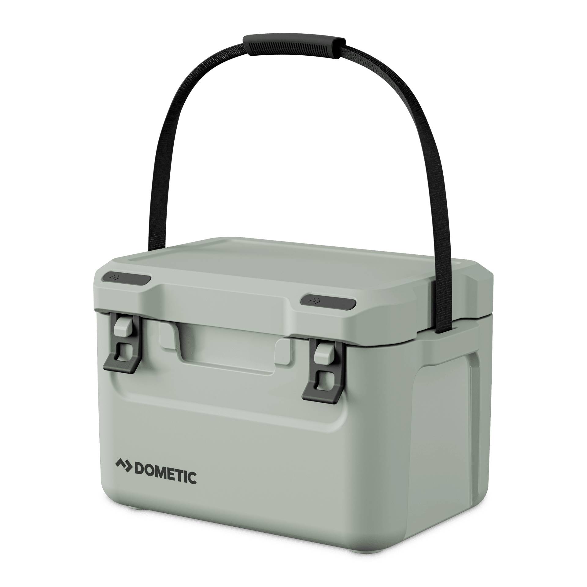 Šedý chladicí box Dometic s černou rukojetí na přenášení a zámky, zobrazený na jednoduchém pozadí.