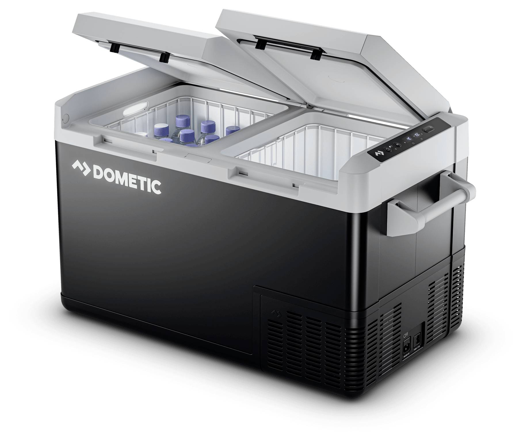 Dometic přenosná elektrická chladící box se dvěma oddíly a dvěma otevřenými víky, zobrazující vnitřní prostor pro skladování potravin a nápojů.