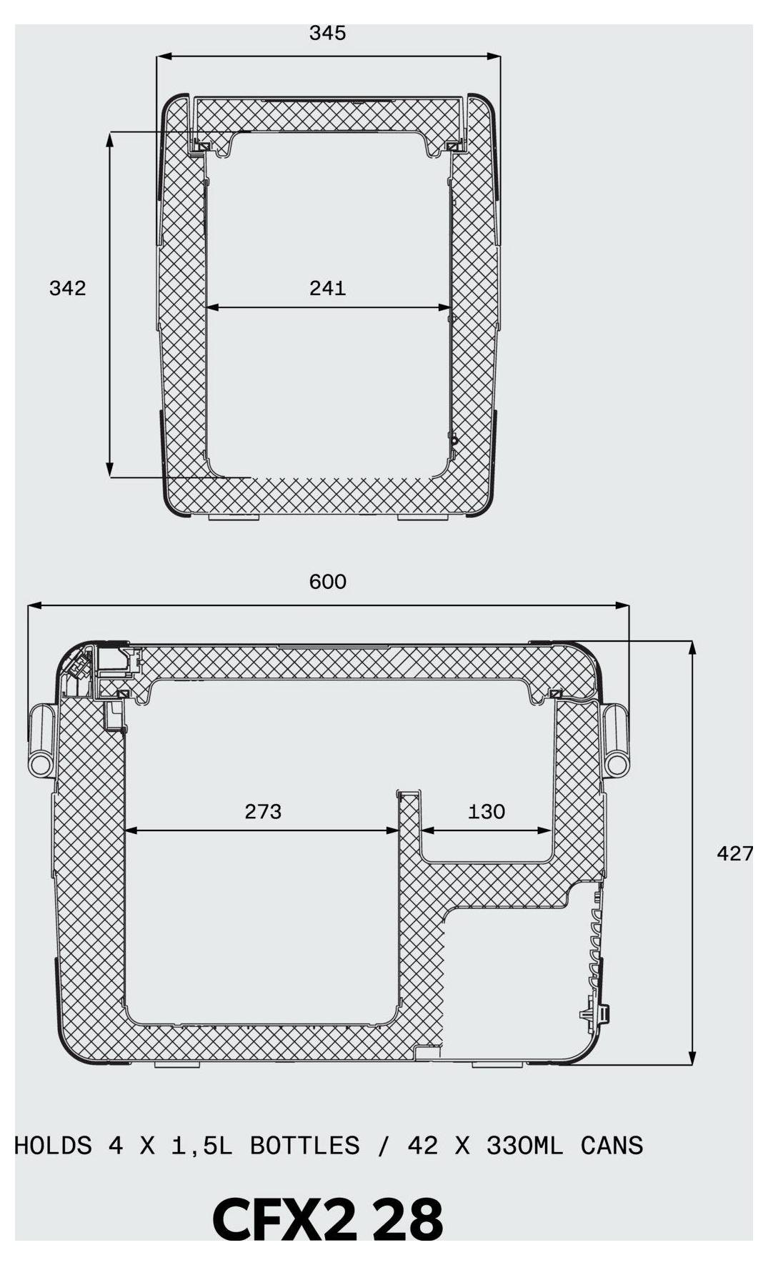 Technický diagram chladiče CFX2 28 zobrazující rozměry a vnitřní kapacitu; označený pro 4 x 1,5L lahve nebo 42 x 330ml plechovek.