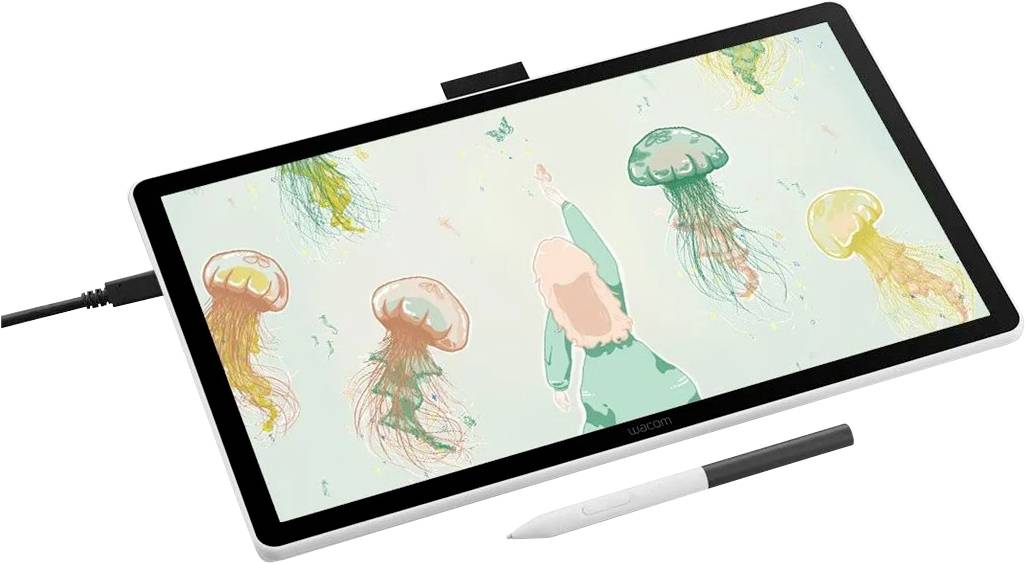Osoba používá stylus na digitálním tabletu zobrazujícím umělecký obrázek medúz a postavy sahající vzhůru, což demonstruje kreativitu a schopnosti digitálního umění.