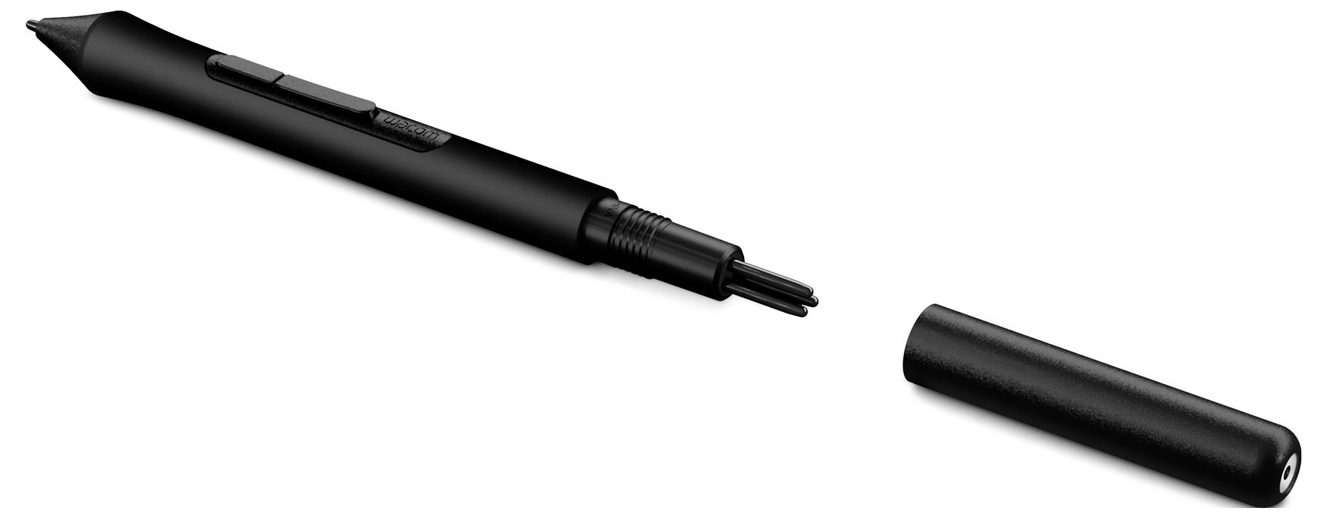 Digitální stylus pero s odnímatelným víčkem, zobrazující špičku pera a boční tlačítka, používaného k kreslení nebo psaní na tabletech.