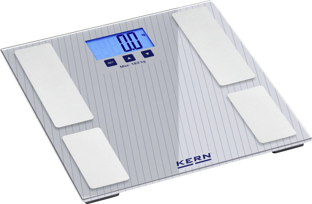 Digitální koupelnová váha se stříbrným povrchem, modrým podsvíceným displejem zobrazujícím "0,0 kg", označená značkou "KERN" a maximální kapacitou 150 kg.