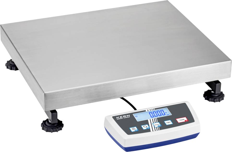 Digitální váha s velkou nerezavějící oceľovou plošinou s nastavitelnými nožičkami, připojena k elektronickému displeji zobrazujícímu "000,0 kg".