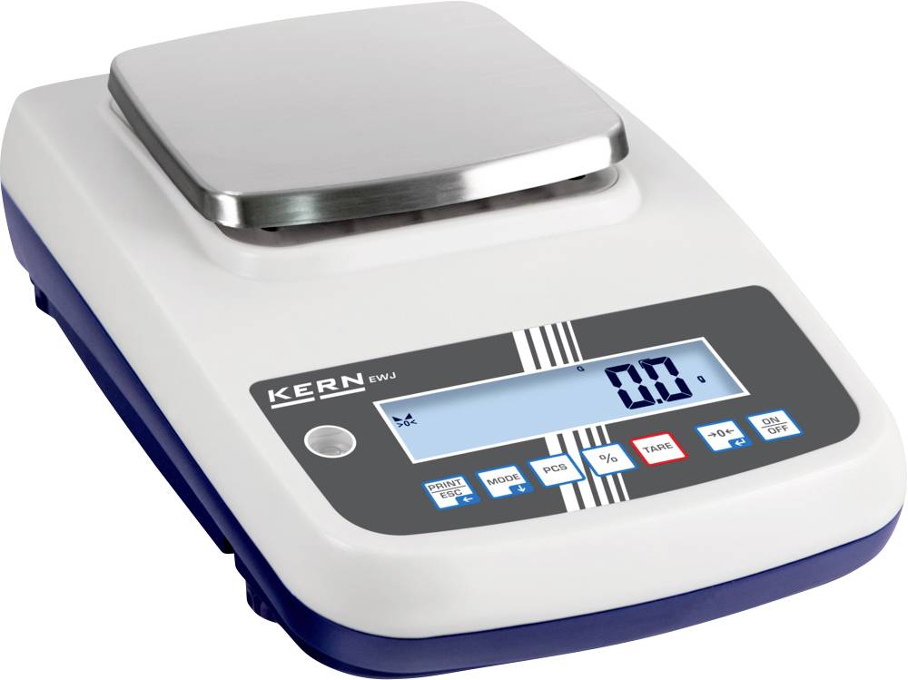 Digitální laboratorní váha s displejem zobrazujícím '0,0'. Panel obsahuje tlačítka pro 'MODE', 'PCS', '%', 'TARE' a 'ON/OFF'.