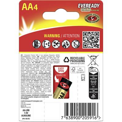 Balení alkalických baterií AA4 Eveready Gold. Mezi hlavní prvky patří varovné štítky, recyklovatelné balení a pokyny pro snadné otevření.