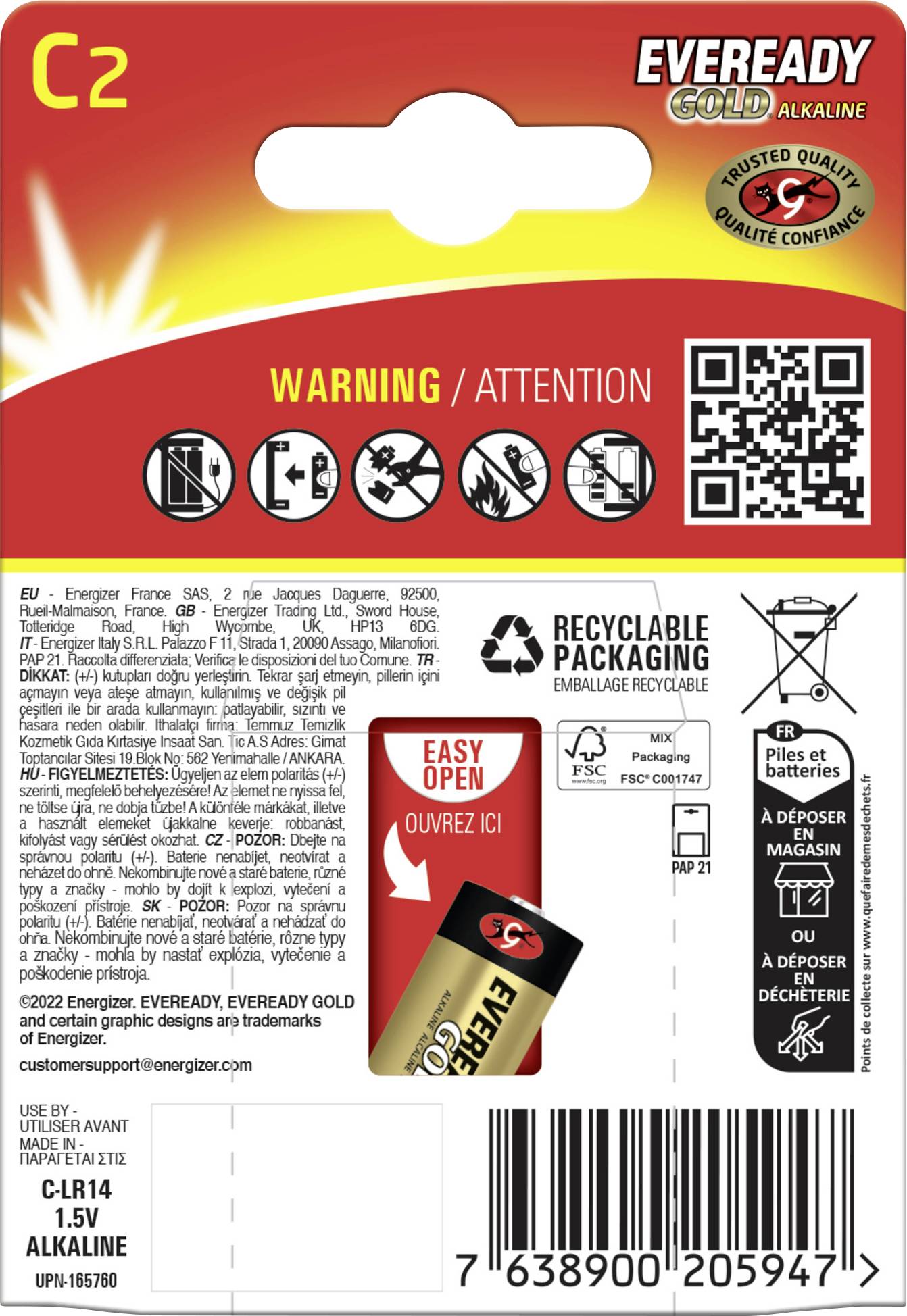 Recyklabilní balení alkalických baterií Eveready Gold C2. Obsahuje upozornění, pokyny k použití, čárový kód a symboly recyklace.