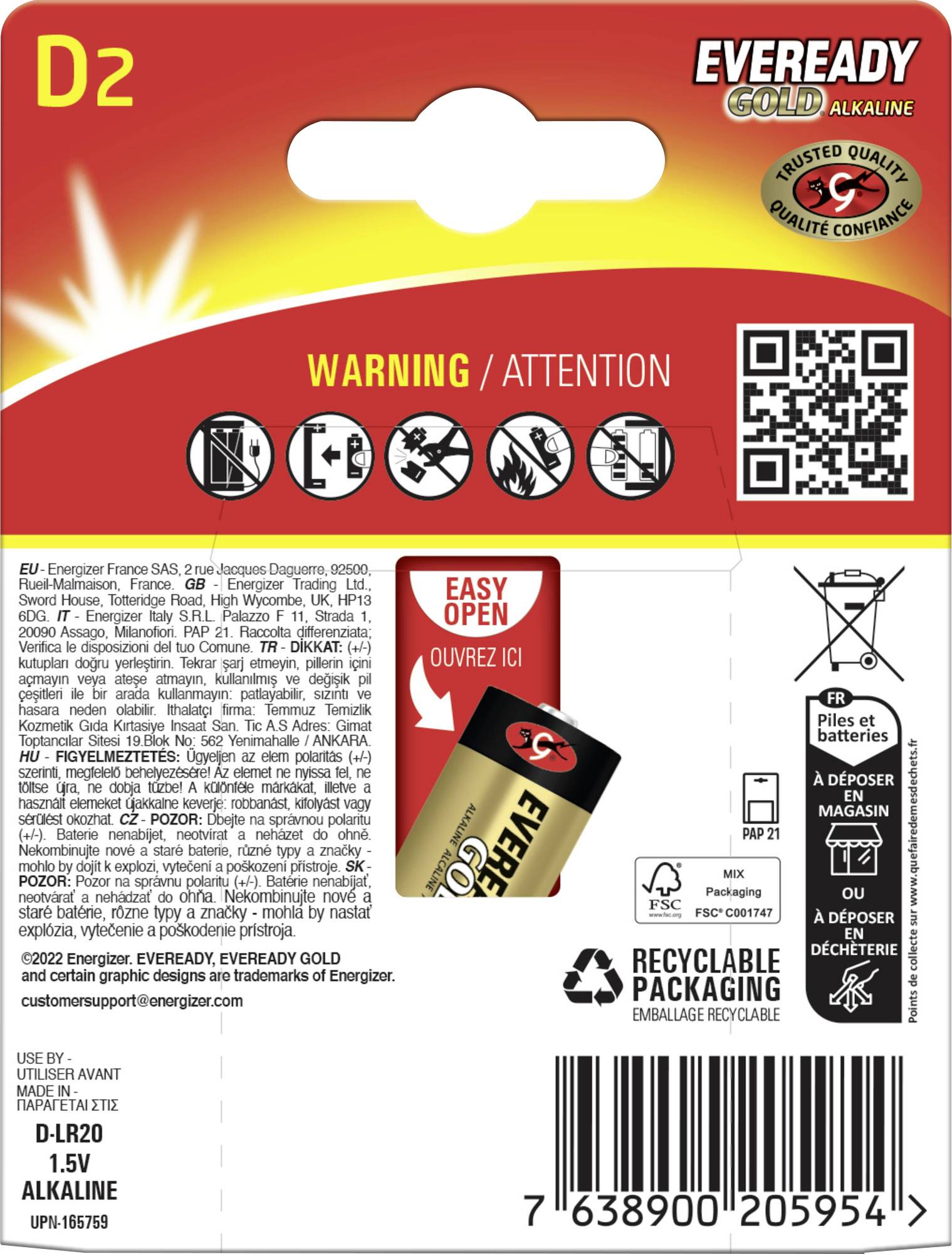 Sada alkalických baterií Eveready Gold Alkaline D2. Obsahuje snadno otevírací jazykový konektor, varovné symboly, informace o recyklaci a kontaktní údaje. Napětí 1,5V.