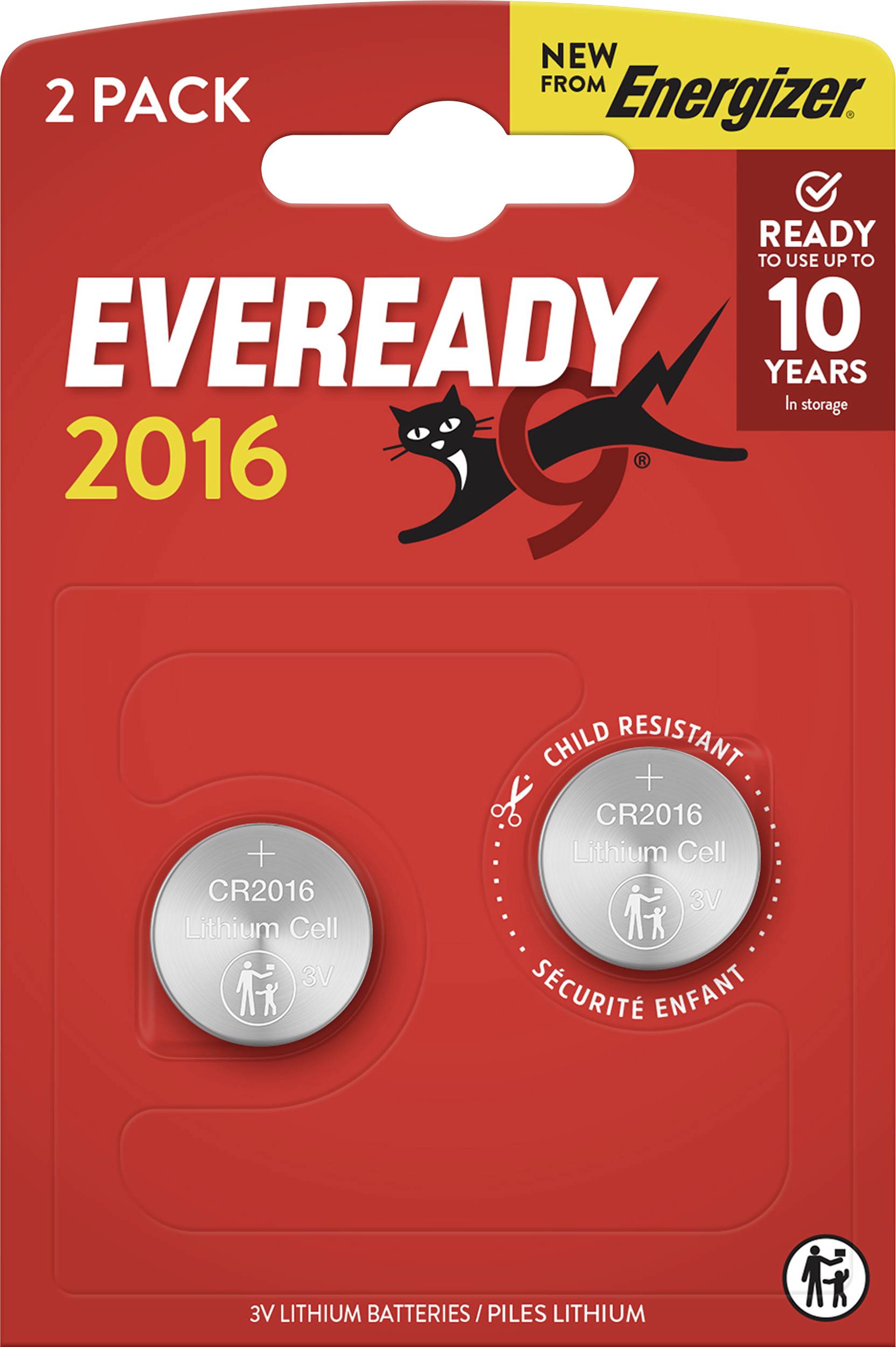 2balení lithiových knoflíkových baterií Eveready CR2016 s dětsky bezpečným obalem a zárukou 10leté skladovatelnosti. Značka: Energizer.