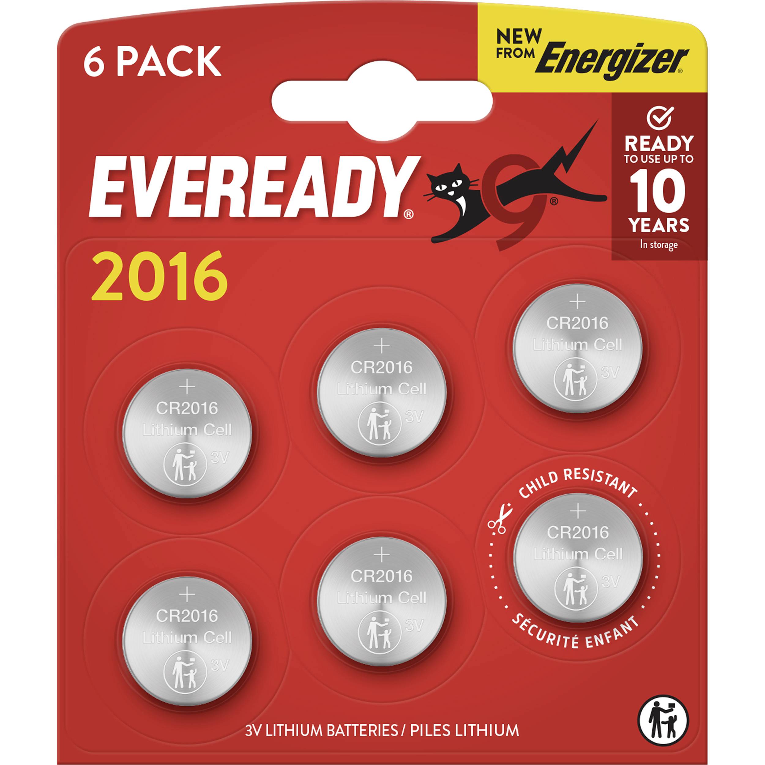 Balení šesti lithiových knoflíkových baterií Eveready CR2016, označené jako odolné vůči přístupu dětí a s trvanlivostí až 10 let.