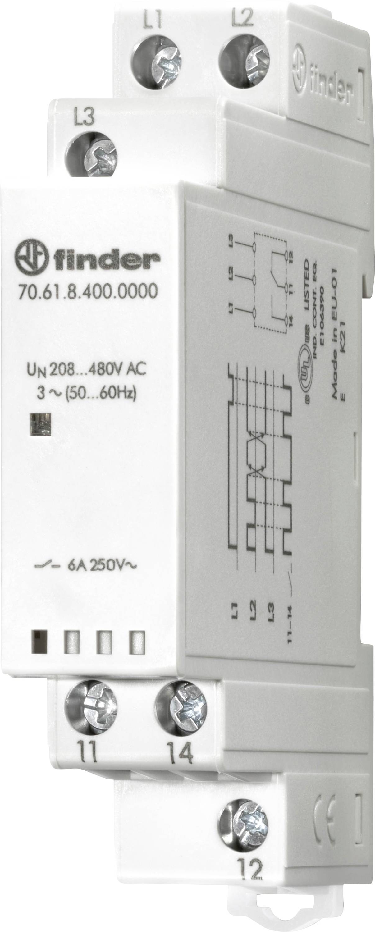 „Finder relé 70.61", modulární elektromechanické relé s diagramem, vhodné pro aplikace se střídavým proudem 208-480V, třífázové.