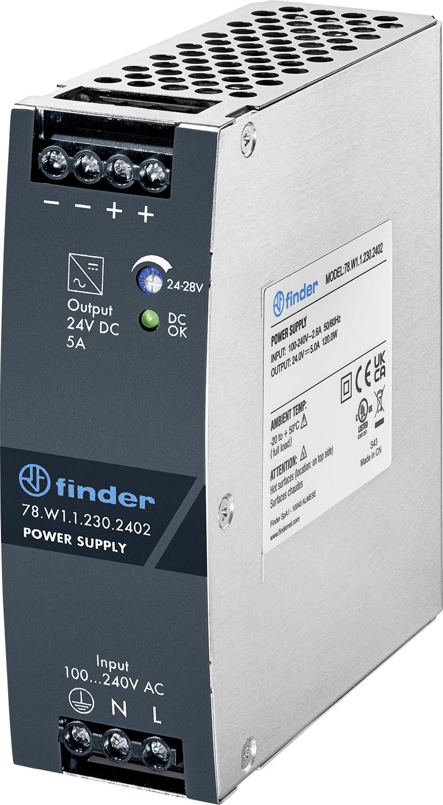 Stříbrná a černá elektronická jednotka zdroje napájení označená "finder". Zobrazuje detaily vstupního/výstupního napětí, vhodná pro průmyslové použití.