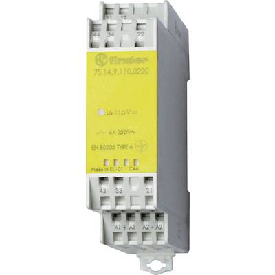 Šedá a žlutá přepínací relé Finder s textem "6A 250V~" a "EN 50205 TYPE A". Má více připojovacích bodů pro elektrické obvody.