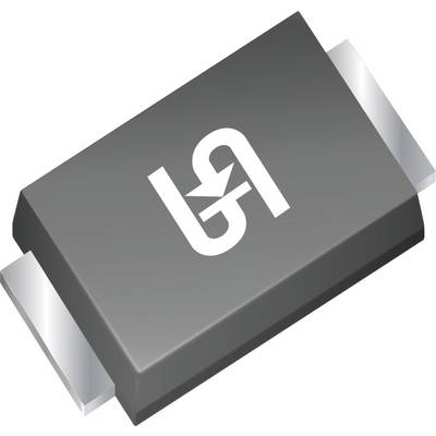Malá, černá, obdélníková elektronická součástka s logem připomínajícím vzájemně propletené šipky na jejím povrchu.