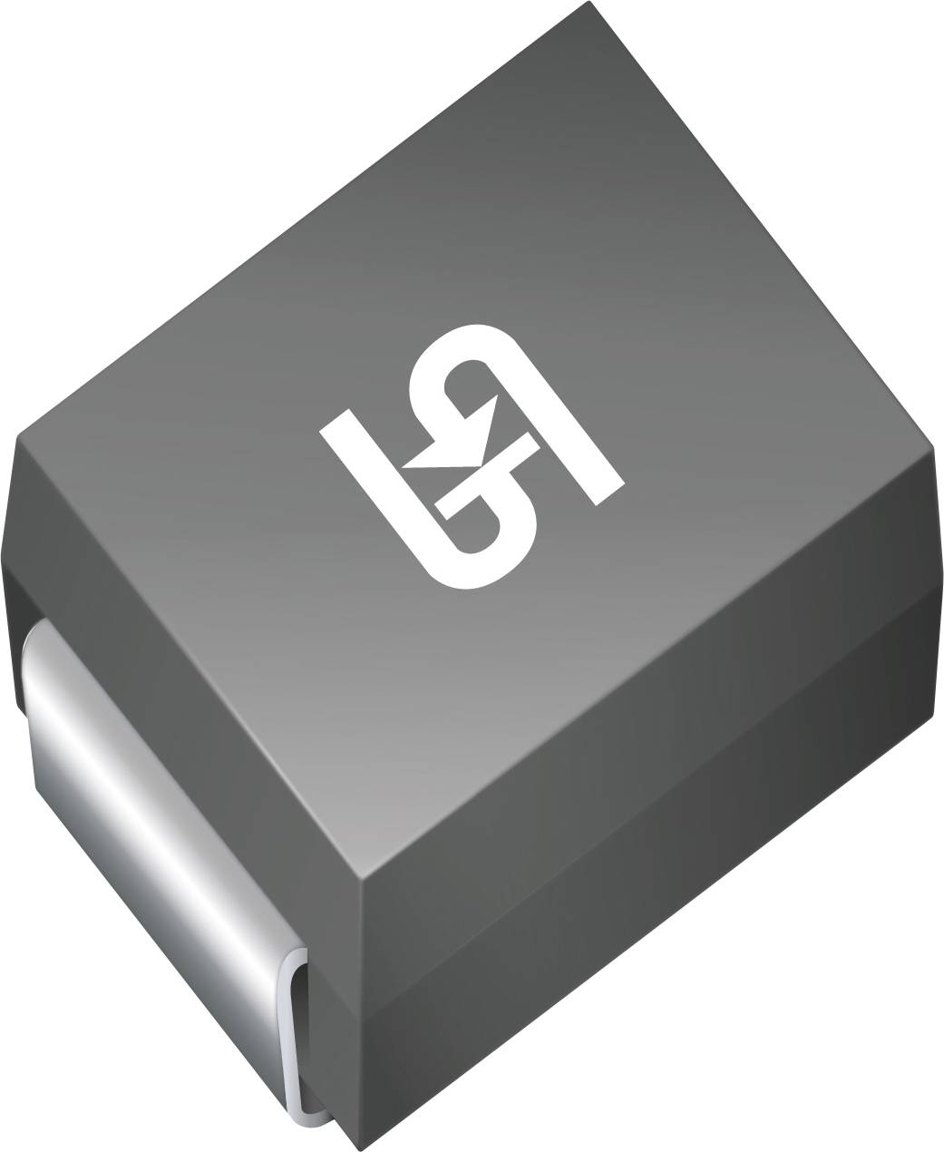 Malá obdélníková černá elektronická součástka se stříbrnými okraji, která má na vrchní ploše bílé logo podobné "G7".