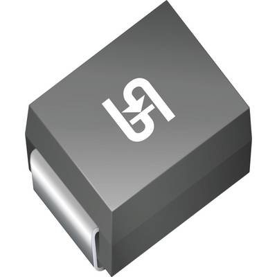 Obdélníková elektronická součástka s kovovými vývody, která má na svém černém povrchu bílé logo připomínající propletená písmena.