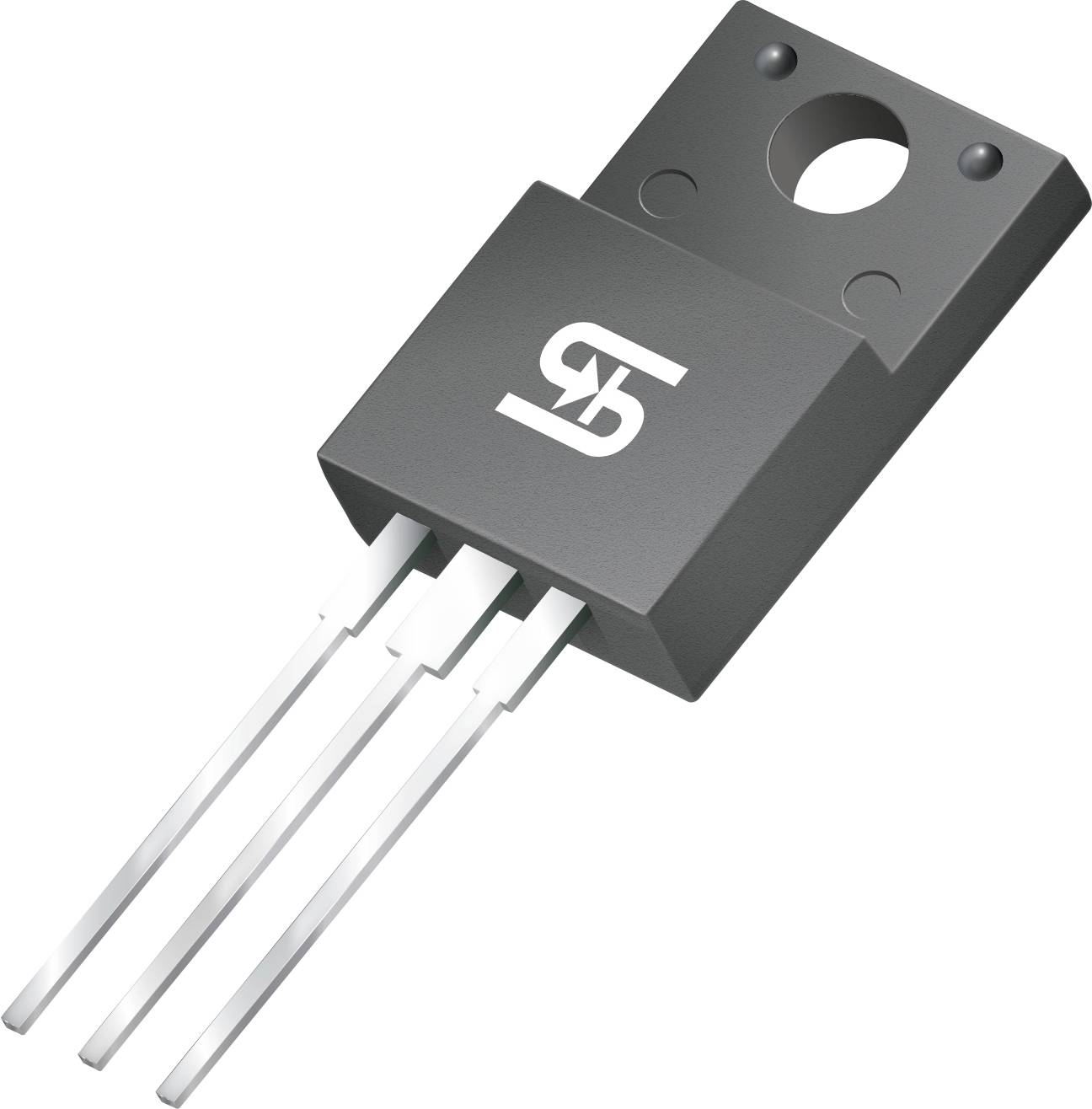 Tříkolíkový elektronický prvek, pravděpodobně tranzistor nebo regulátor napětí, s otvorem pro montáž a logem na povrchu.