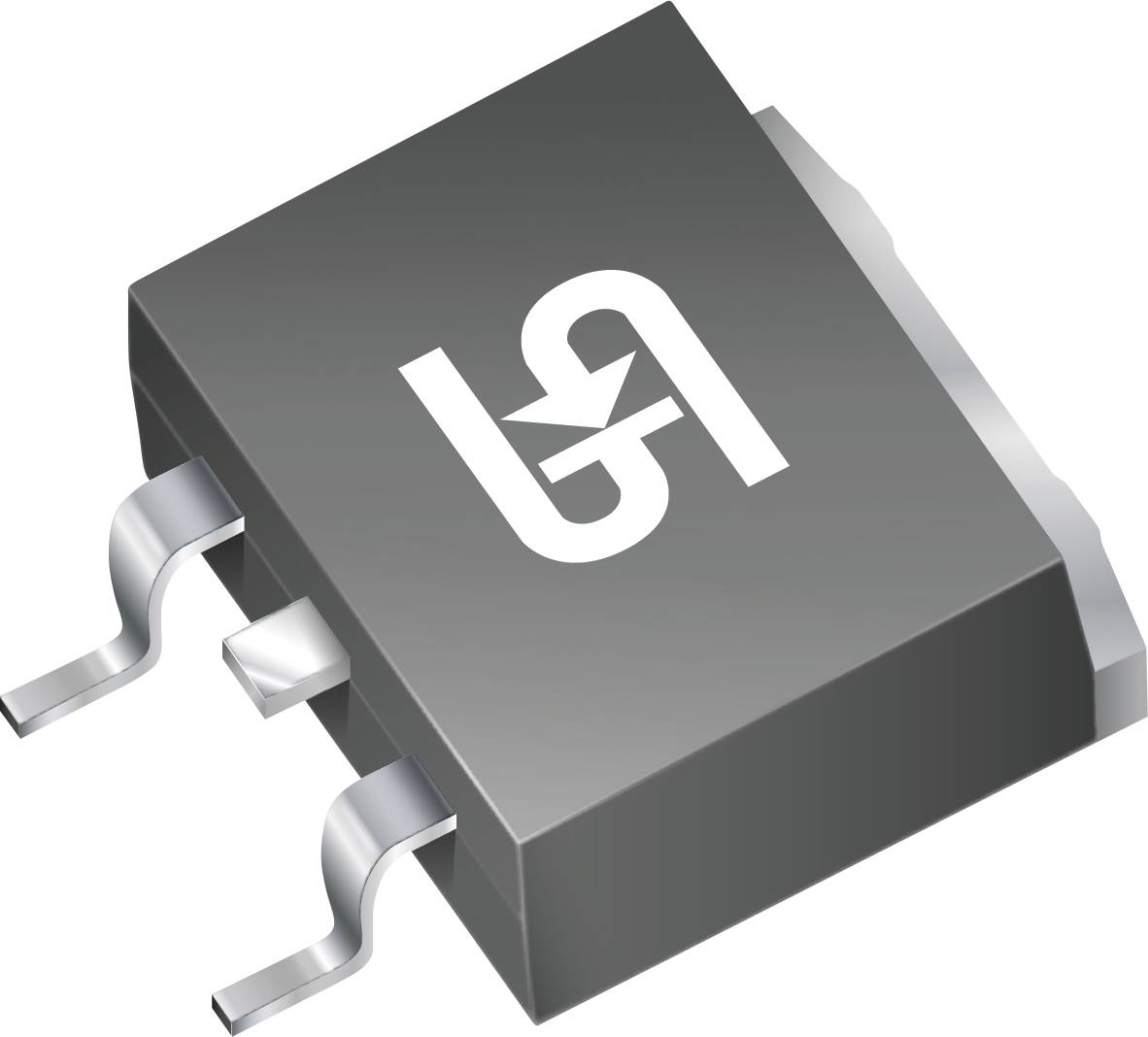 Černá elektronická součástka se dvěma kovovými vývody. Na horním povrchu má logo připomínající stylizovaná písmena "G" a "A".
