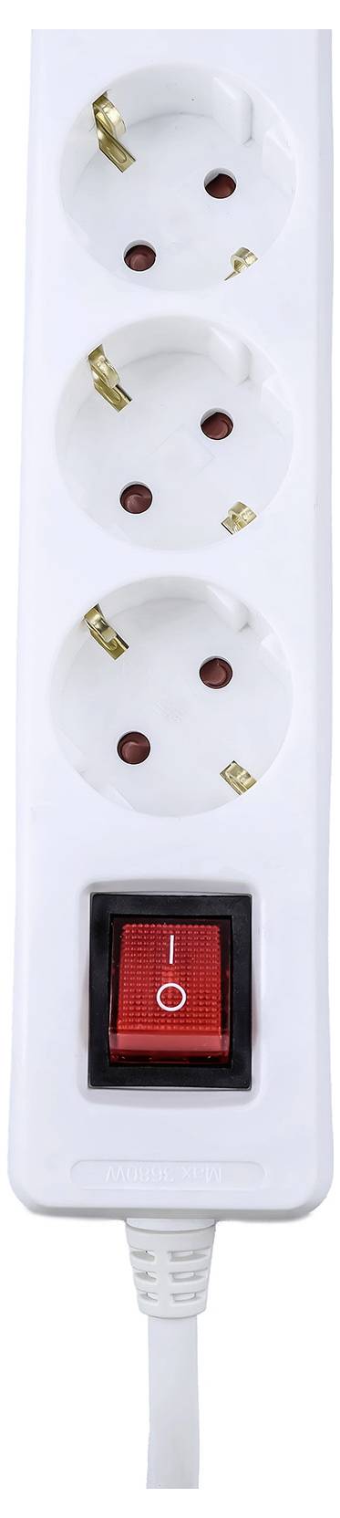 Bílý prodlužovací kabel se třemi zásuvkami a červeným vypínačem zapnuto/vypnuto se symbolu napájení.