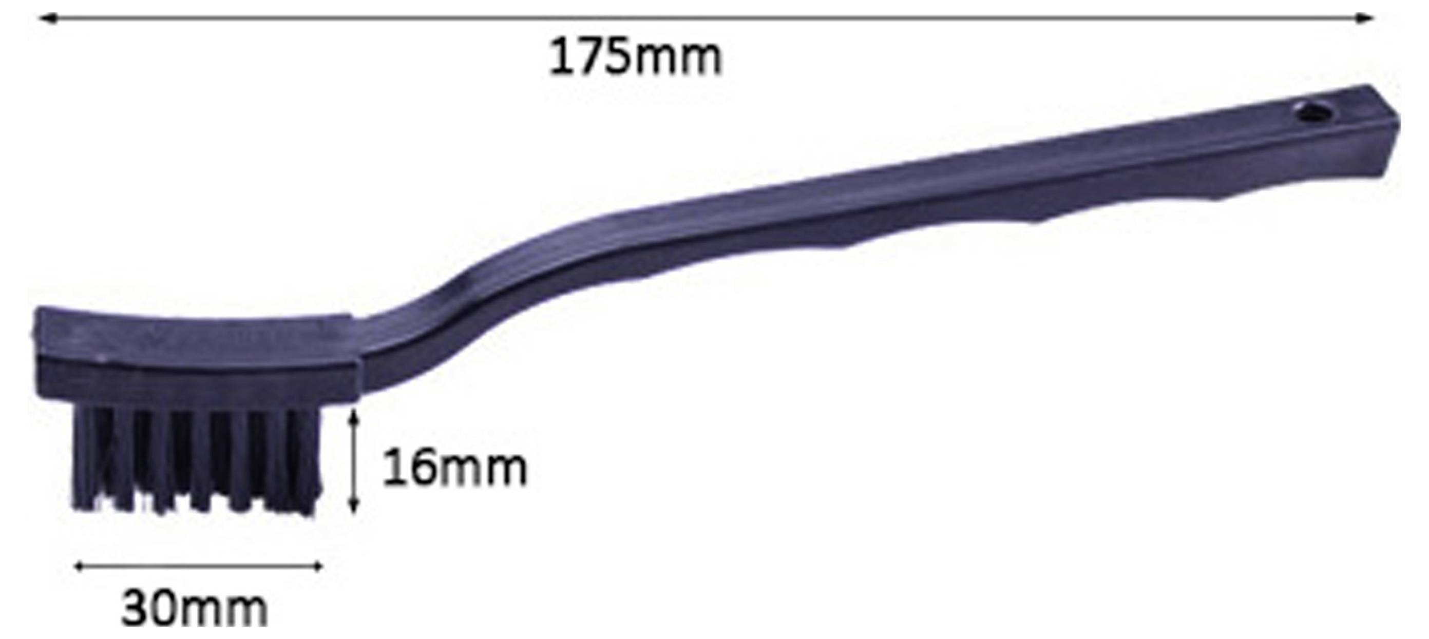Černý úhlový čistící kartáč se štětinami na jednom konci, označený 175 mm dlouhý, 30 mm široká hlava kartáče a 16 mm výška štětin.