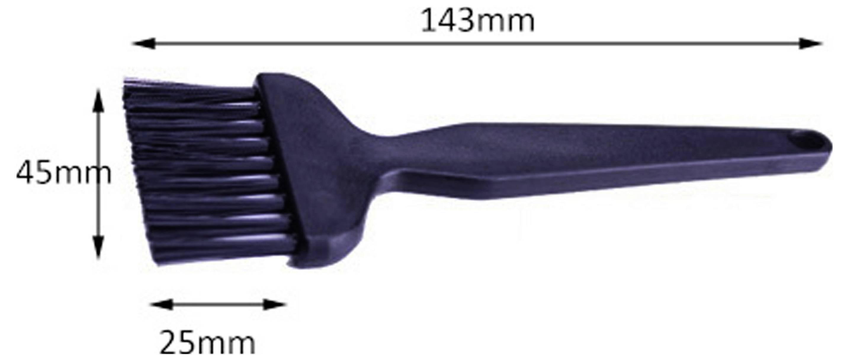 Černý ruční kartáč zobrazený v profilu se zakótovanými rozměry: délka 143 mm, výška 45 mm, šířka oblasti štětin 25 mm.