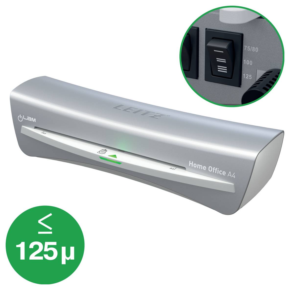 Stříbrný laminovací stroj označený "Home Office A4" s detailem ukazujícím nastavení přepínače pro různé tloušťky v mikrotech až do 125μ.