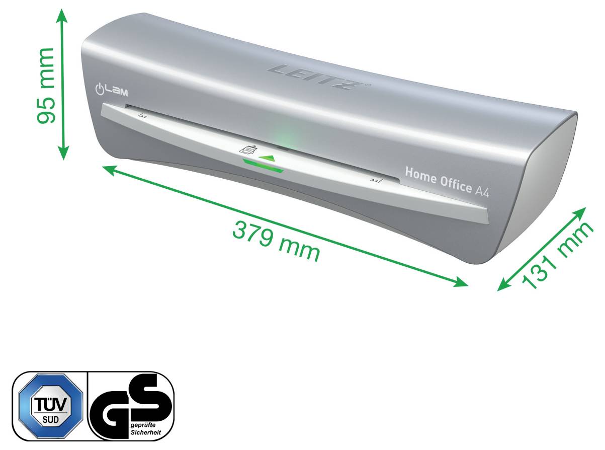 Stříbrný laminovací stroj Leitz Home Office A4 s rozměry: výška 95 mm, šířka 379 mm a hloubka 131 mm. Obsahuje bezpečnostní značky TÜV SÜD a GS.