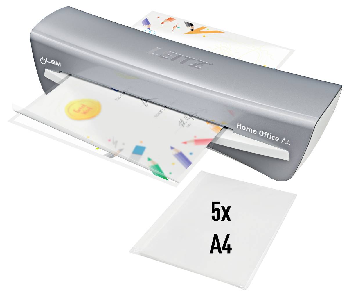 Domácí kancelářský laminátor s laminovaným dokumentem, označený "Home Office A4". Je zobrazeno pět laminovacích destiček formátu A4.