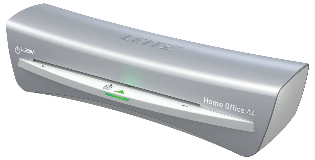 Stříbrný laminovací stroj Leitz Home Office A4 s vypínačem a LED indikátorem na přední straně.