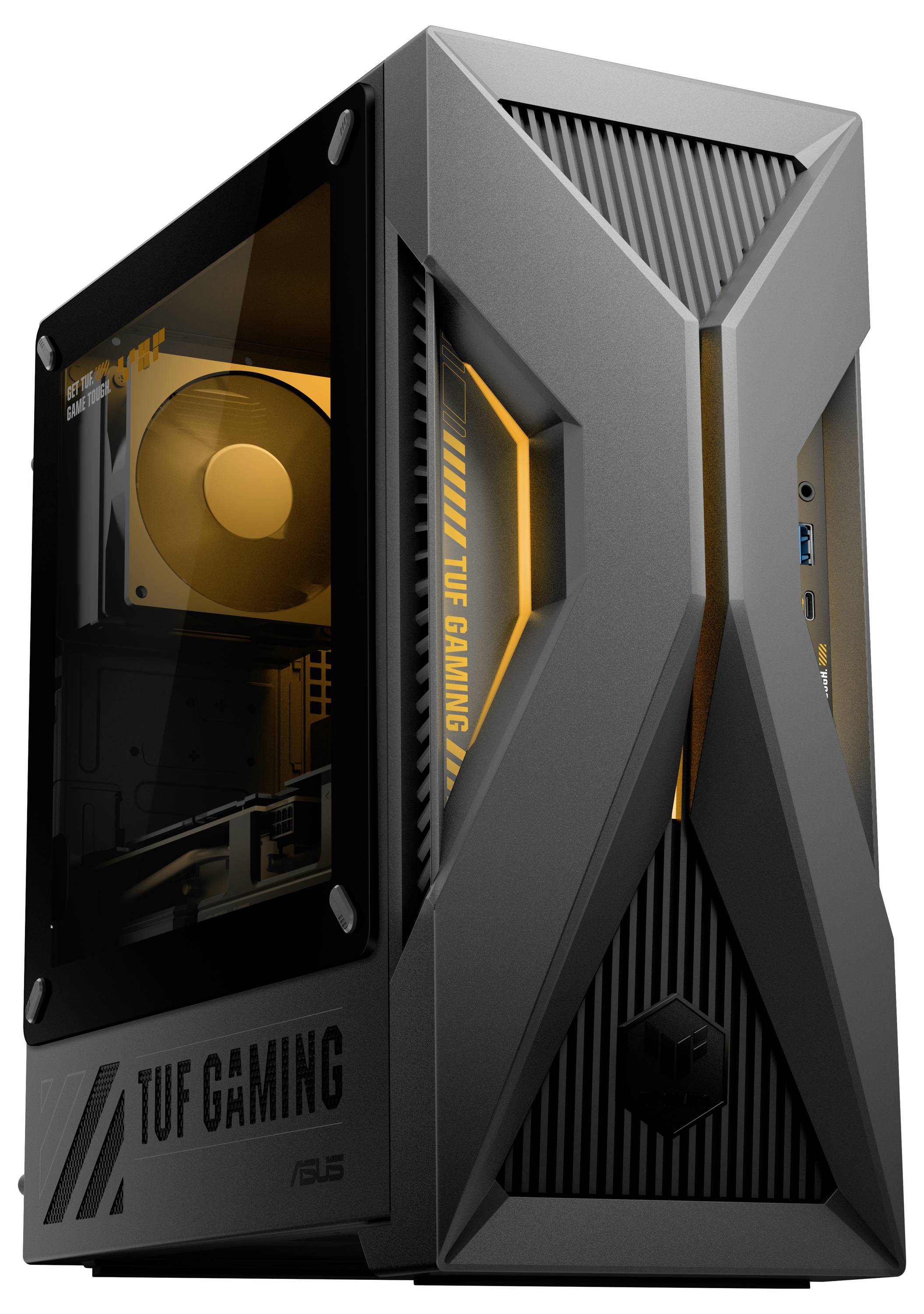 Herní PC věž s úhlovitým designem, skleněným bočním panelem a oranžovým vnitřním osvětlením. Logo „TUF Gaming" na boku.