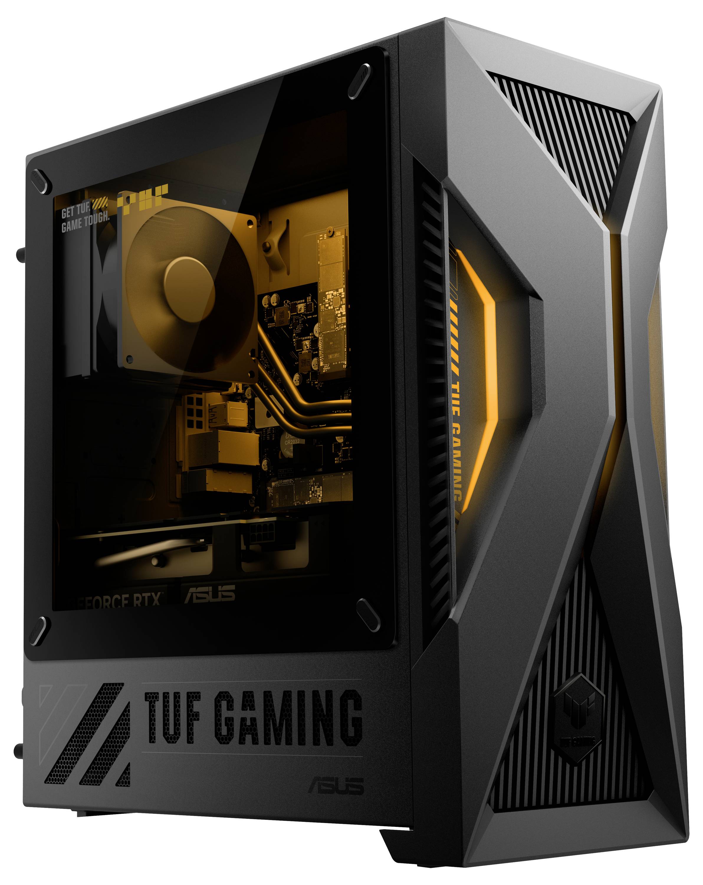 Černá věž TUF Gaming PC s průhledným bočním panelem ukazujícím vnitřní komponenty. Přední část a boční strana jsou opatřeny logem "TUF GAMING".