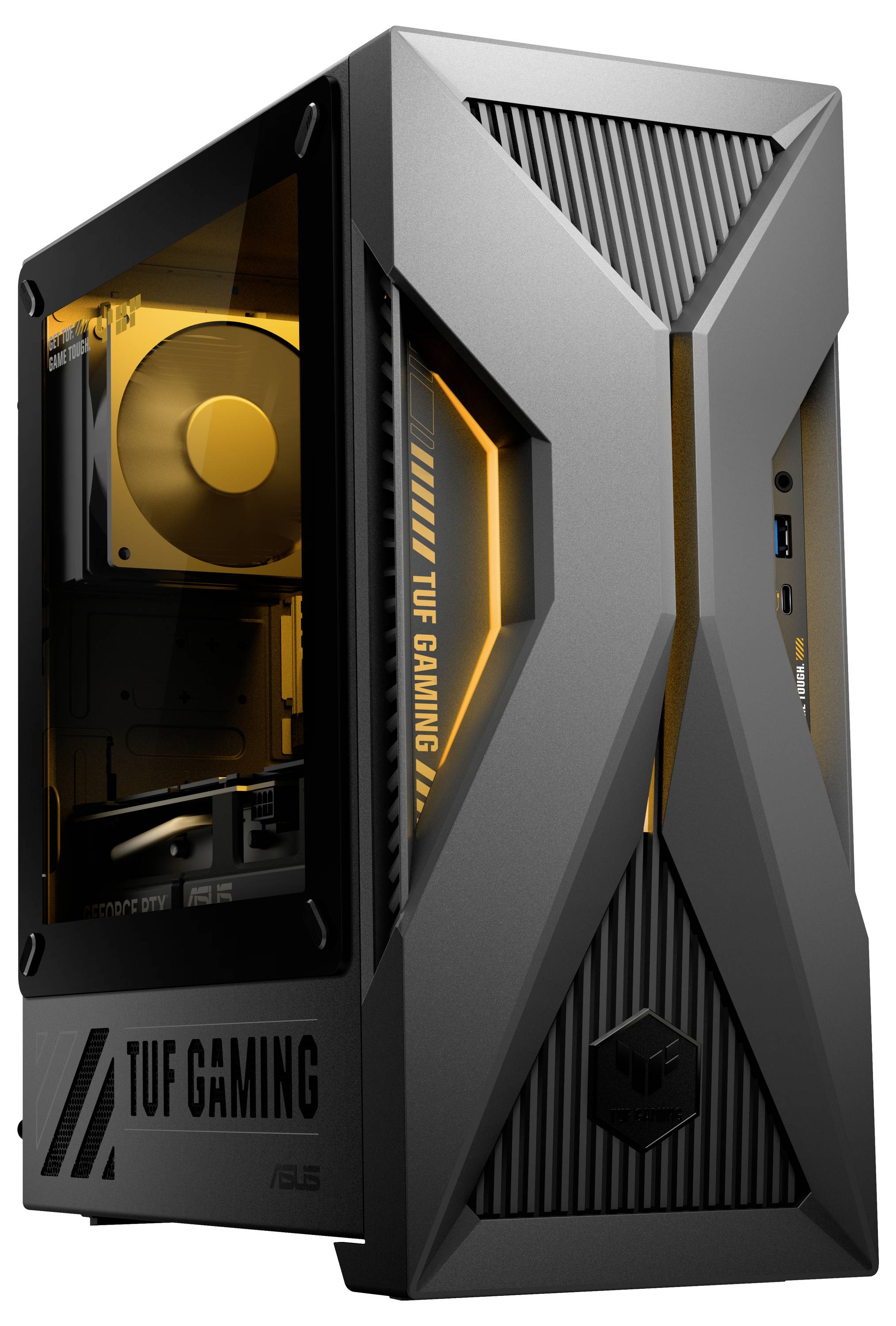 Elegantní herní počítač TUF GAMING s viditelnými vnitřními chladicími ventilátory a oranžovým LED osvětlením, prezentující moderní a odolný design.