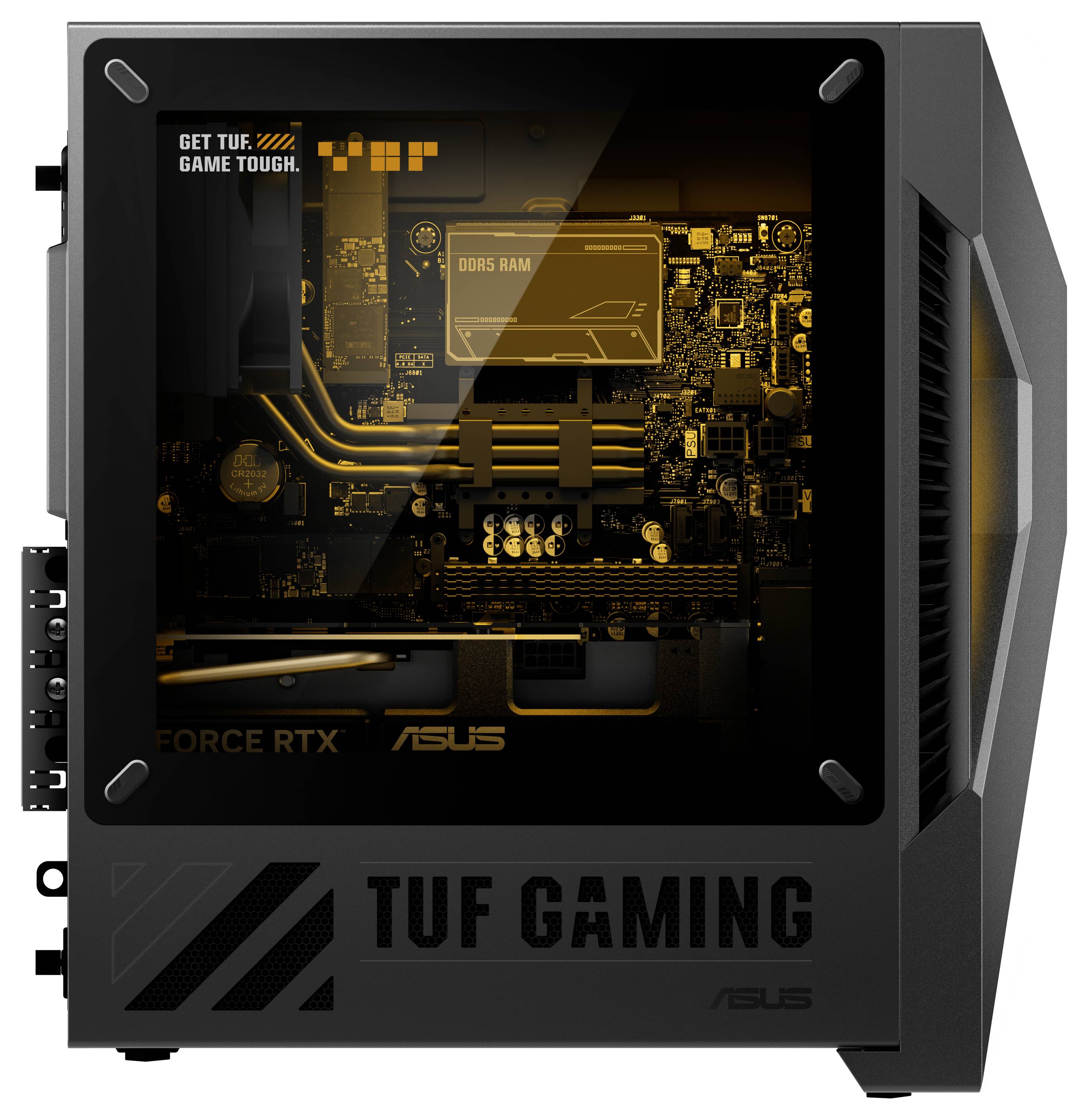 Pouzdro počítače zobrazující postranní pohled na složitý interní design obvodu s brandingem "TUF GAMING" a "GET TUF GAME TOUGH", zdůrazňující komponentu Force RTX.