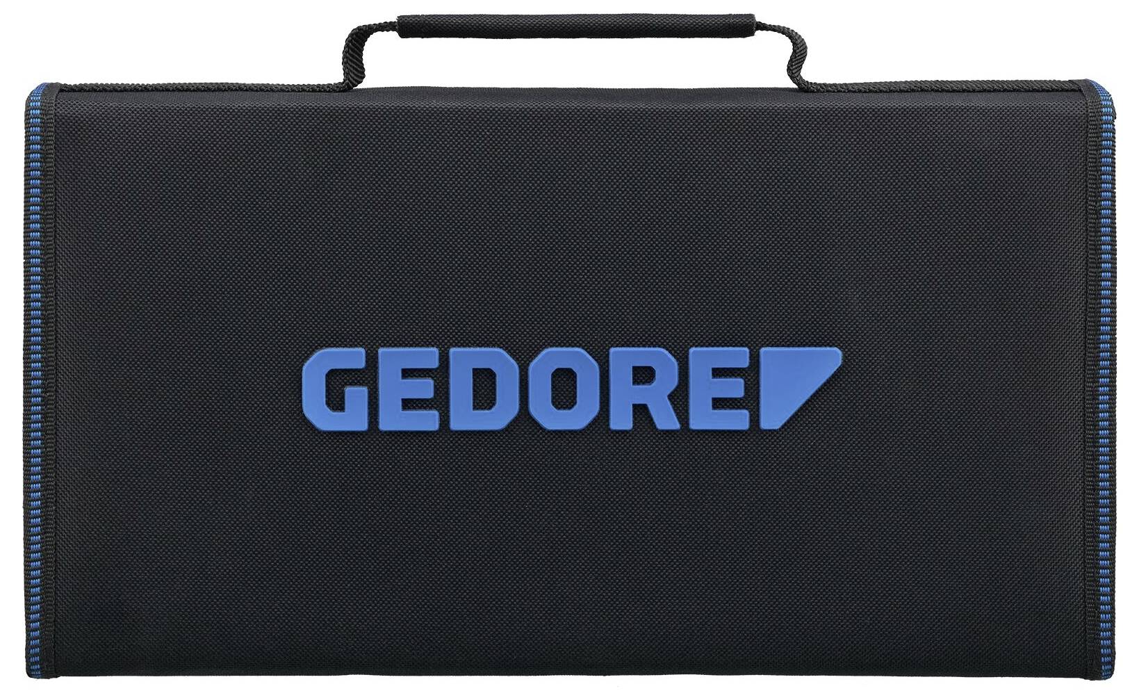 Černý kufr nářadí GEDORE s přenosnou rukojetí a modrým logem značky uprostřed přední strany.