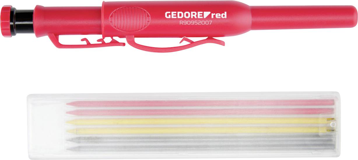 "GEDORE red" červená mechanická tužka se šesti náhradními tuhy: dva červené, dva žluté, dva šedé.
