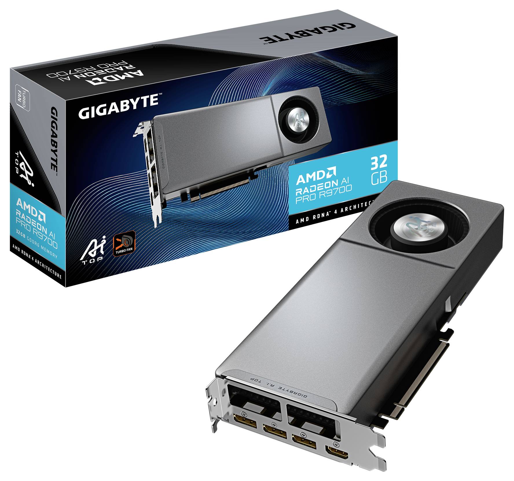Balení produktu grafické karty a kartě. Gigabyte AMD Radeon PRO W7900 s pamětí 32GB. Krabice obsahuje obrázek karty a loga.