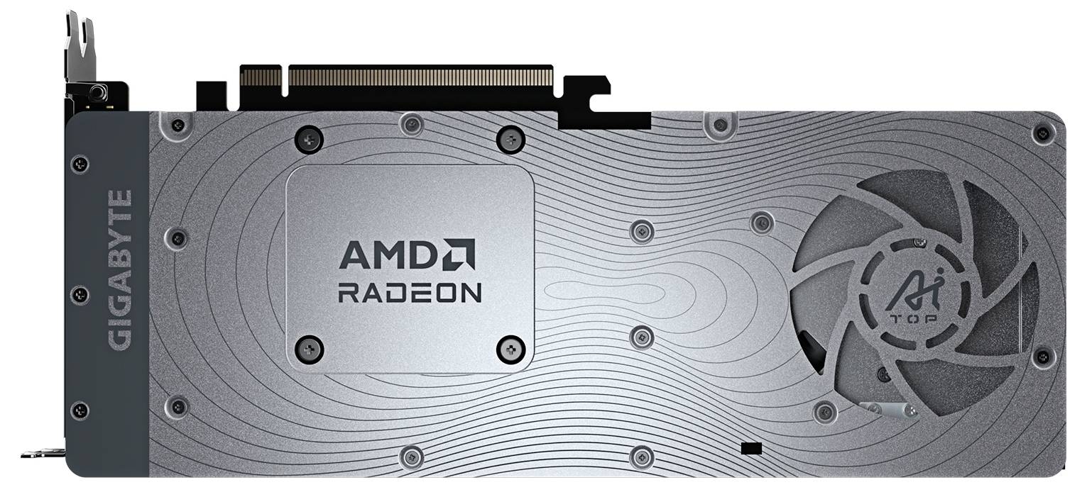 Grafická karta GIGABYTE s AMD Radeon, zadní deskou s vlnkovým designem a velkým chladícím ventilátorem označeným 'AI Top'