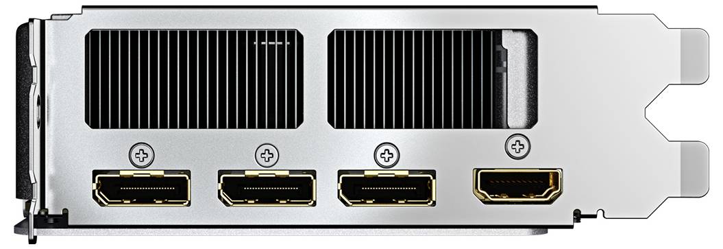 Obrázek ukazuje zadní pohled na grafickou kartu se dvěma porty HDMI a jedním portem DisplayPort, který se používá k připojení zobrazovacích zařízení.