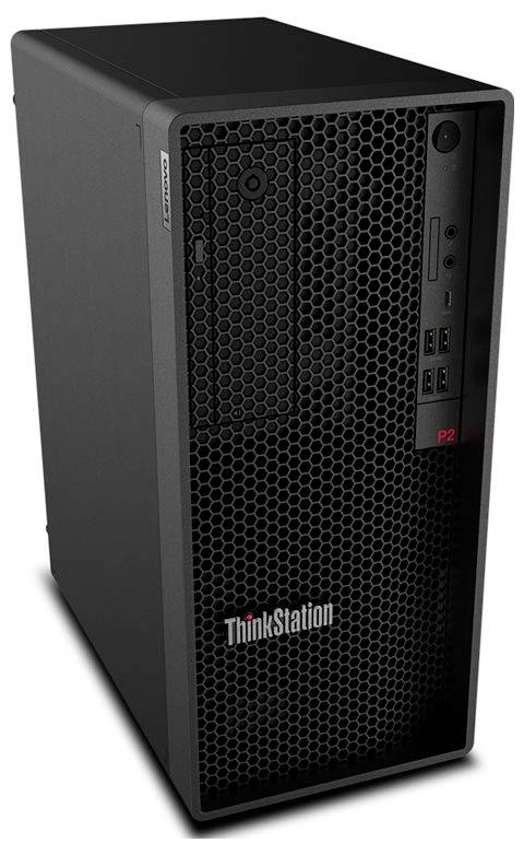 Černá stolní skříň počítače s voštinkovým designem přední strany, která obsahuje porty a logo ThinkStation v dolní části.