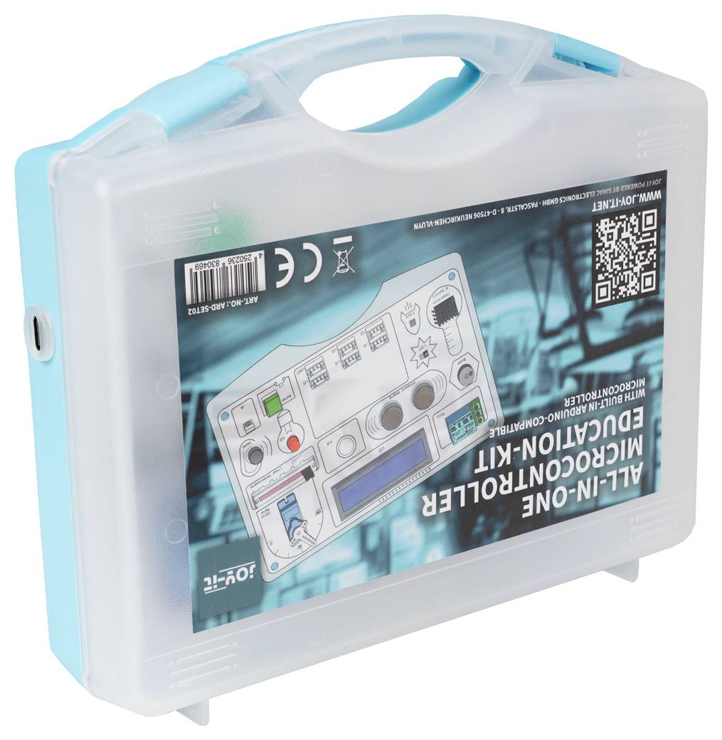 Průhledné plastové přepravní pouzdro s modrozelením rukojetí obsahující DIY sadu elektroniky s různými součástkami a popisovaným schématem.