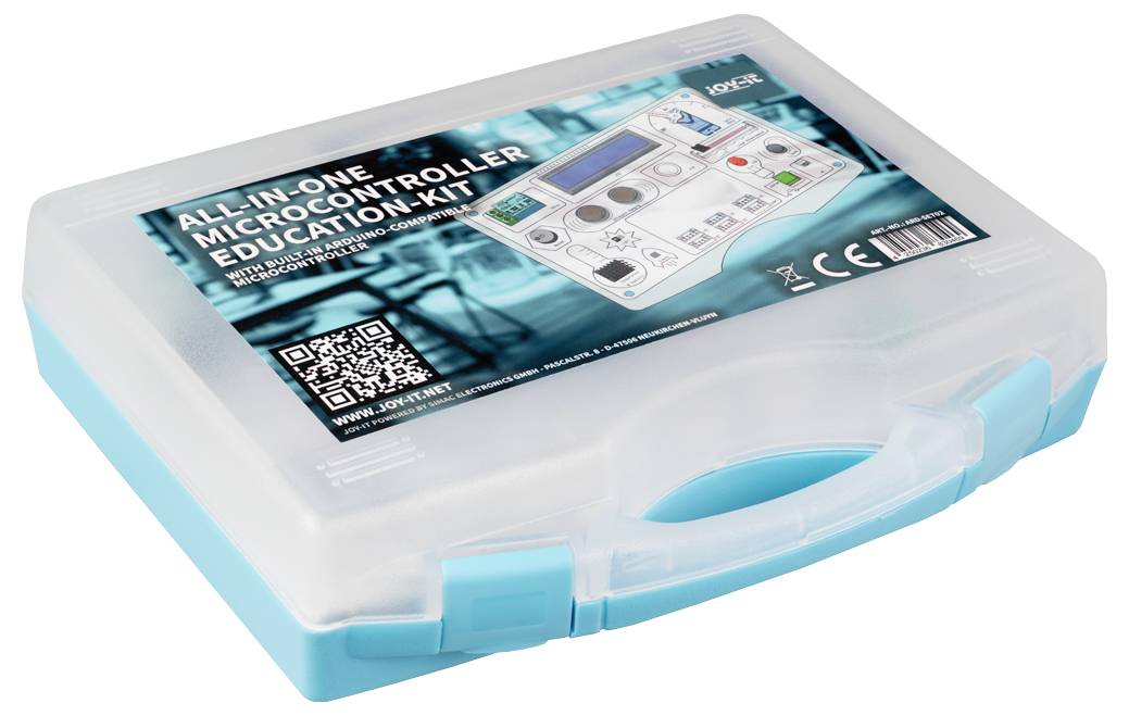 Krabice vzdělávacího sady mikrořadičů s rukojetí, označená "All-in-One Microcontroller Education Kit" (Všestranná vzdělávací sada mikrořadičů), s diagramem komponent.