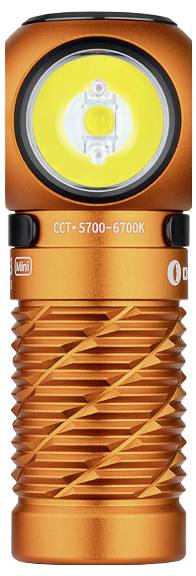 Oranžová LED svítilna s texturovanou rukojetí, označená "CCT 5700~6700K." Přední pohled ukazuje světlo a tlačítko nastavení.