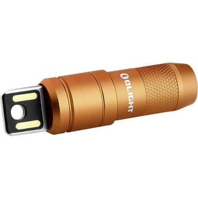 Oranžová svítilna s kompaktním designem je zobrazena, která se vyznačuje strukturovaným gripem a plochým podstavcem se dvěma LED světly.
