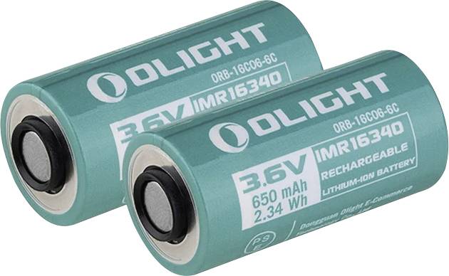 'Dvě tealové nabíjecí baterie Olight, model IMR16340, s napětím 3,6V, kapacitou 650mAh a energií 2,34Wh, zobrazené v pohledu vedle sebe.'