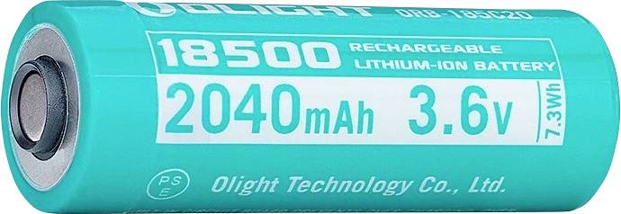 Světle tyrkysová válcová baterie označená "18500 Nabíjecí Lithium-ionová Baterie, 2040mAh, 3,6V, 7,3Wh" od společnosti Olight Technology Co., Ltd.