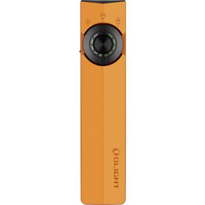 Oranžová svítilna Olight s černým středovým tlačítkem, s ikonami pro módy osvětlení a úrovně jasu.