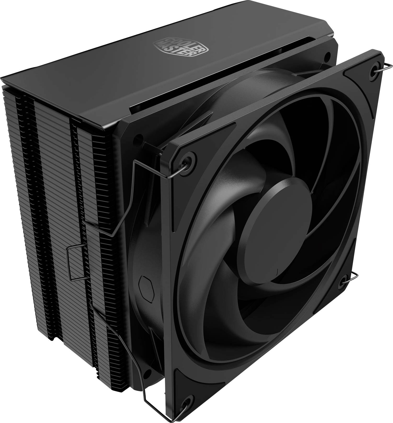 Černý chladič procesoru Cooler Master se vzduchovým chlazením s velký přední ventilátorem a hromadou žeber, zobrazený na bílém pozadí.
