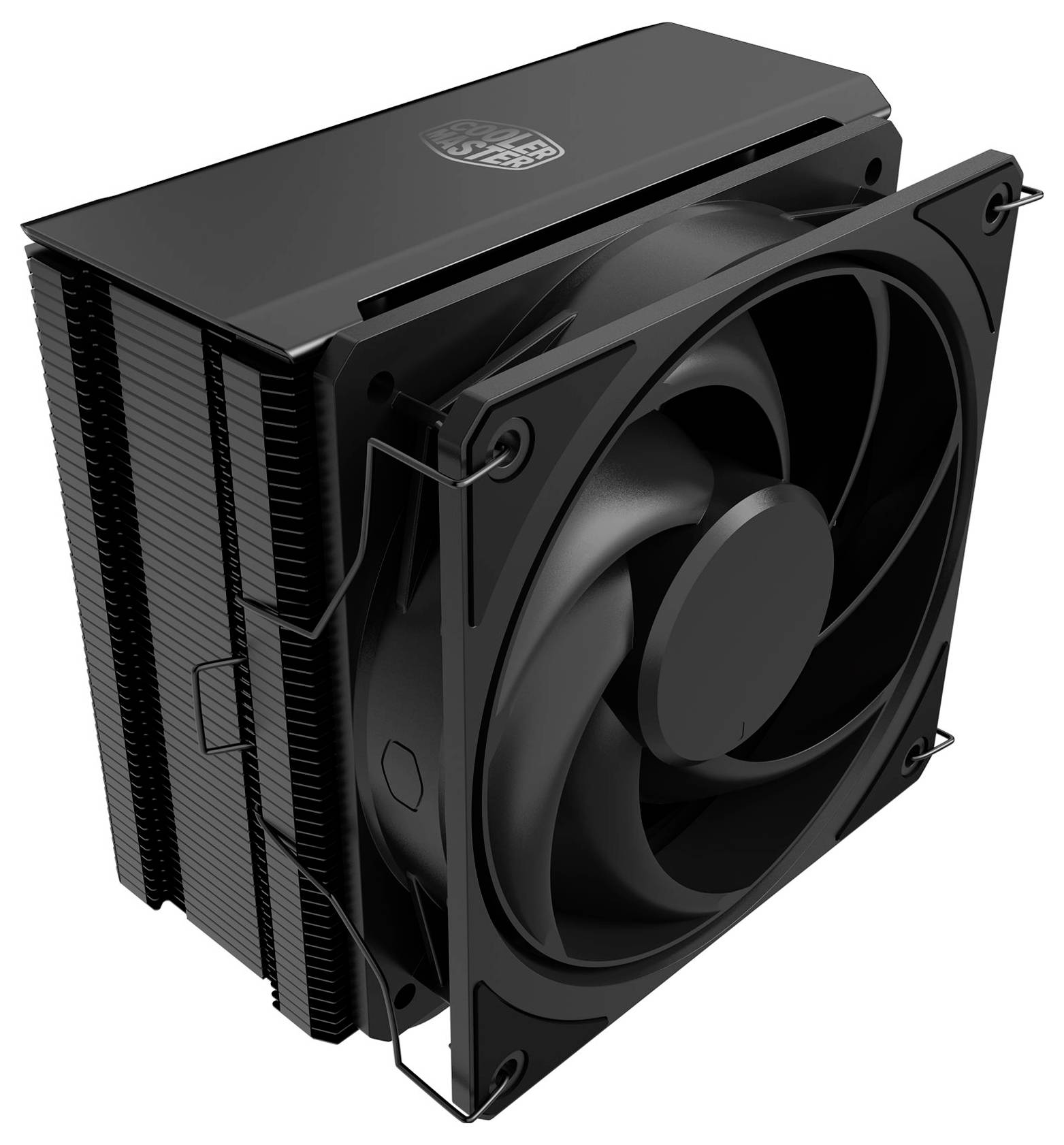 Černý chladič CPU se velkým čtvercovým ventilátorem a žebrovaným chladičem na bílém pozadí.