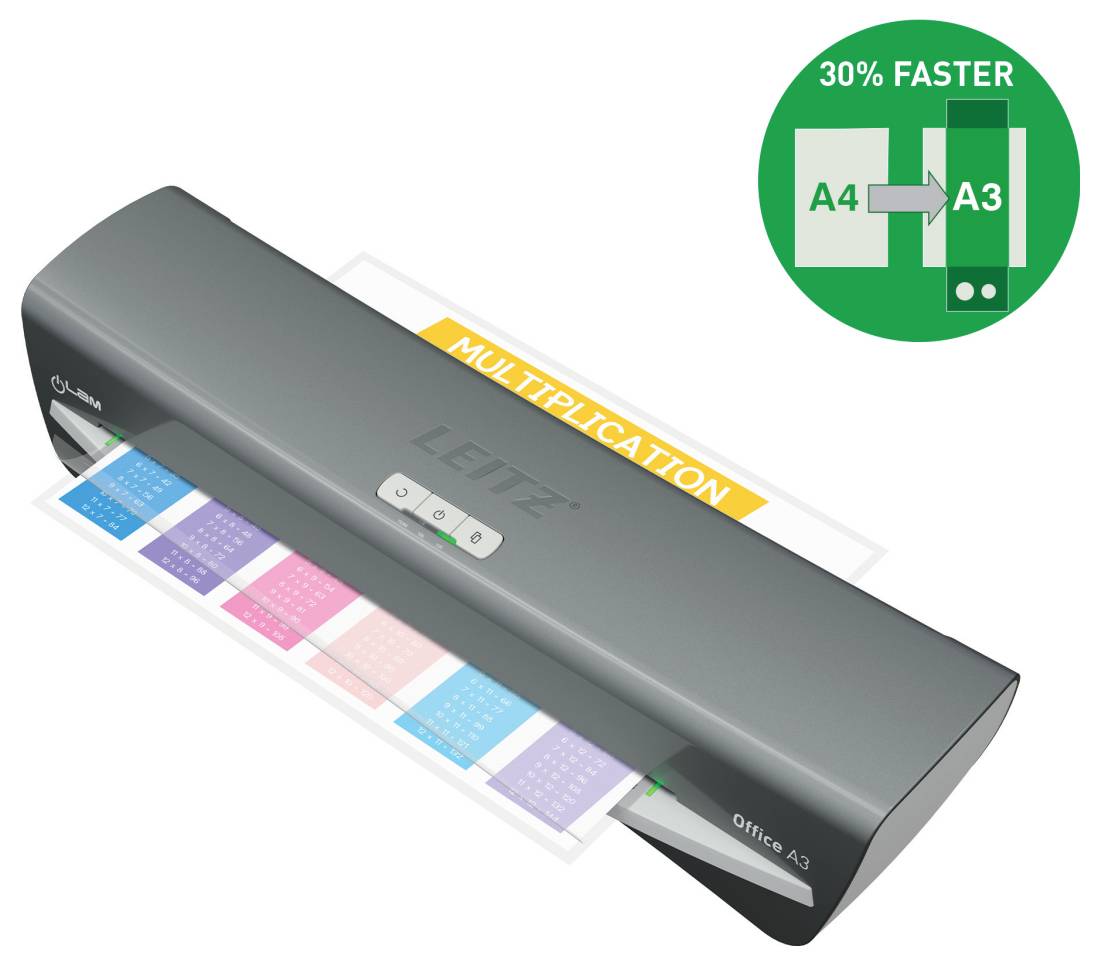 Kancelářský laminovací stroj A3 s listy procházejícími laminací. Zelný odznak uvádí „30% rychlejší" znázorňující změnu velikosti z A4 na A3.