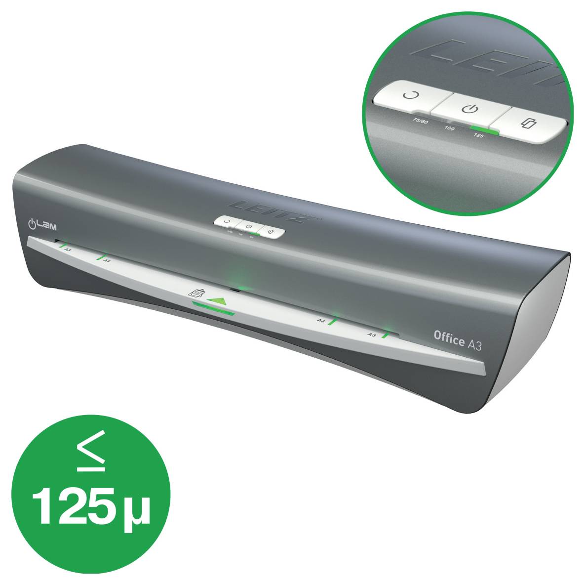 Elegantní šedý laminovací stroj s ovládacím panelem a symbolem naznačujícím, že zvládá tloušťky folie až do 125 mikrometrů.