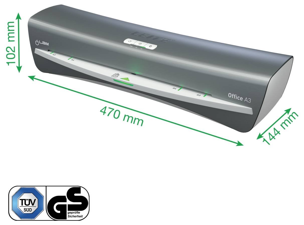 Laminátors, kancelář A3' s rozměry: 470 mm šířka, 102 mm výška, 144 mm hloubka. Obsahuje bezpečnostní certifikační loga TÜV SÜD a GS.